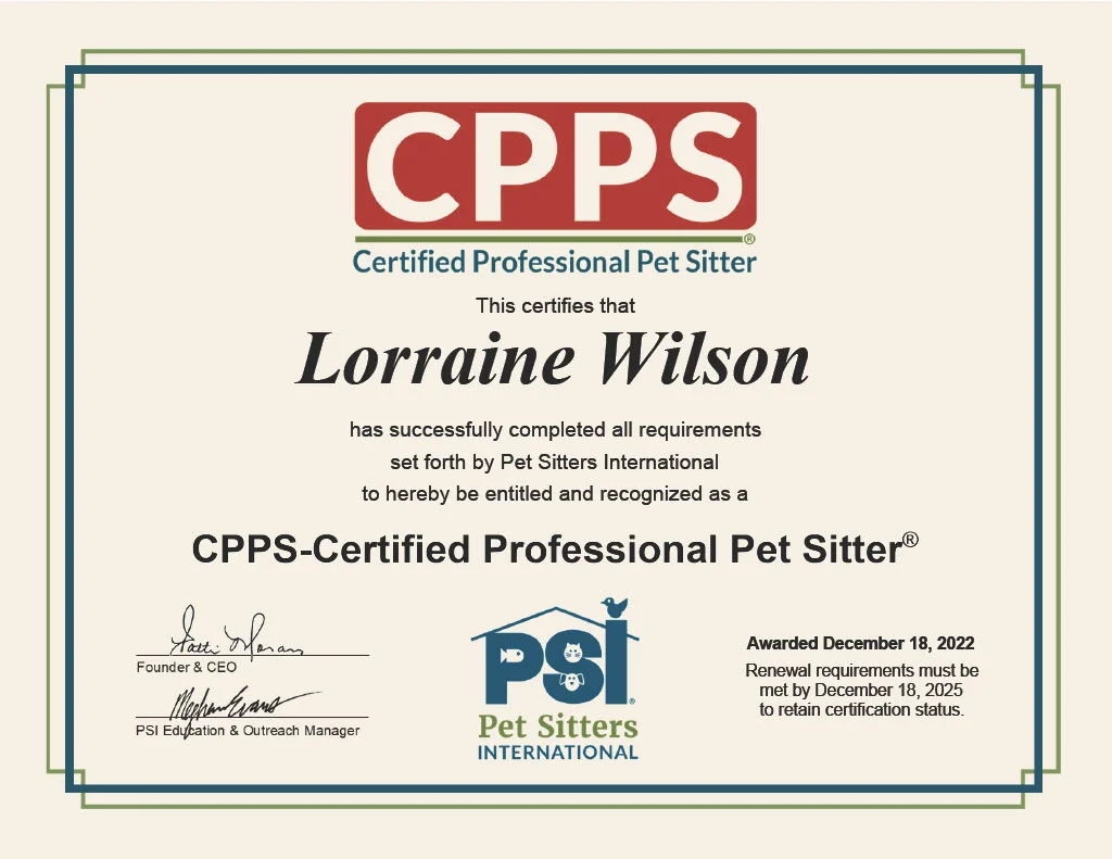 Certified Professional Pet Sitter certificate awarded to Lorraine Wilson by Pet Sitters International