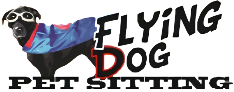 Flying Dog Pet Sitting logo featuring a black dog wearing aviator goggles and a blue cape