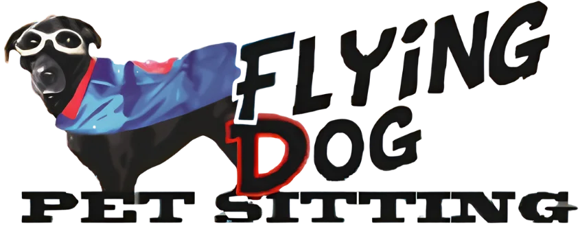 Flying Dog Pet Sitting logo featuring a black dog wearing aviator goggles and a blue cape